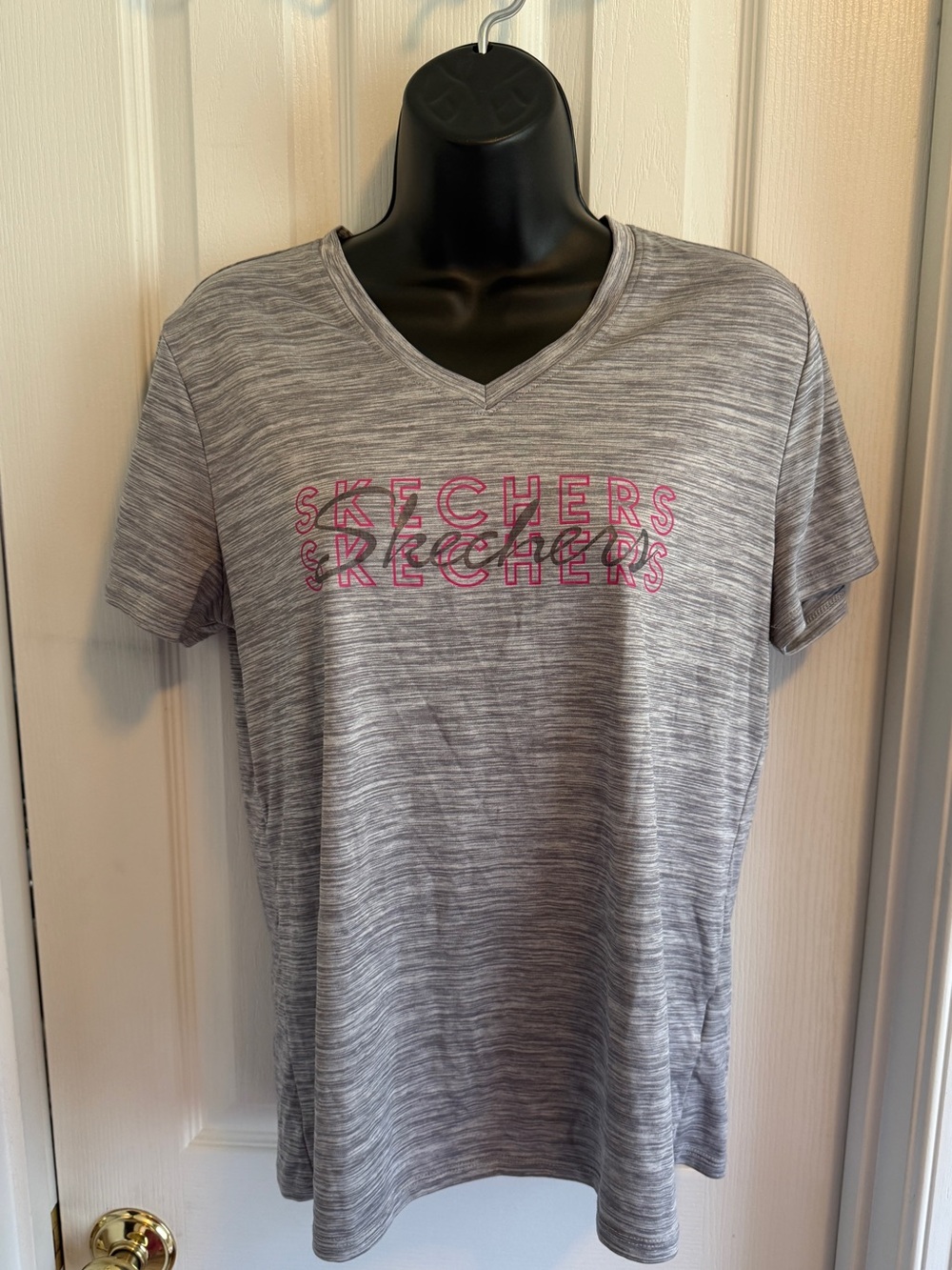 Skechers Gray Space-Dye V-Neck Tee with Pink Logo Print